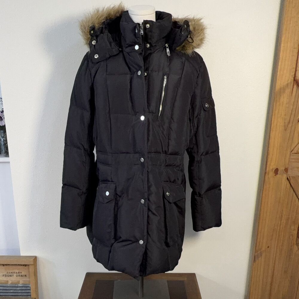Lauren Ralph Lauren Women XL Black Down Puffer Jacket Hooded Fur Trim Mid-Length
